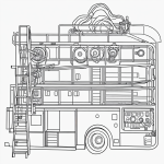 A black and white line art of a fire truck with a ladder, featuring clean outlines and blank fill areas, perfect for coloring book enthusiasts.