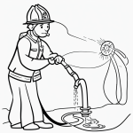 Simple black and white vector line art of a firefighter spraying water from a hose, perfect for a children's printable coloring page.