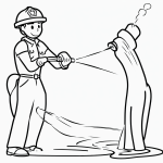 Simple black and white vector line art of a firefighter spraying water from a hose, featuring bold clean outlines on a flat white background, ideal for coloring.