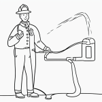 A simple black and white vector line art of a firefighter spraying water from a hose, perfect for children's coloring, featuring bold clean outlines on a flat white background.