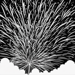 Simple black and white vector line art of fireworks in the sky, with bold outlines and a minimal design, perfect for children's coloring pages.
