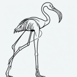 A flamingo standing on one leg in simple black and white line art, featuring clean outlines and blank fill areas, perfect for coloring book enthusiasts.