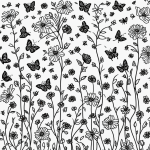 Black and white line art depicting a flower garden with butterflies, featuring simple outlines perfect for coloring enthusiasts seeking creative relaxation.
