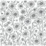 Line art of a flower garden with butterflies, featuring simple, clean black and white outlines, perfect for coloring and artistic expression.