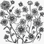 Black and white line art of flowers in a garden with clean, uncolored outlines, perfect for coloring book enthusiasts seeking creative relaxation.