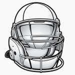 A simple line art drawing of a football helmet, designed in a cartoon style with clear black outlines, perfect for coloring, set against a white background.