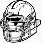 Black and white line art of a football helmet in cartoon style with clean outlines and blank fill areas, perfect for coloring book enthusiasts.