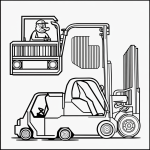 Black and white forklift cartoon line art with simple outlines and blank fill areas, perfect for coloring books, featuring clean and uncolored design on white background.
