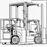 Line art of a forklift lifting a box in black and white, perfect for coloring with clean outlines and no shading.