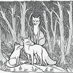 Line art of a fox in a forest, simple black and white outlines, perfect for coloring book enthusiasts seeking creative, uncolored designs.