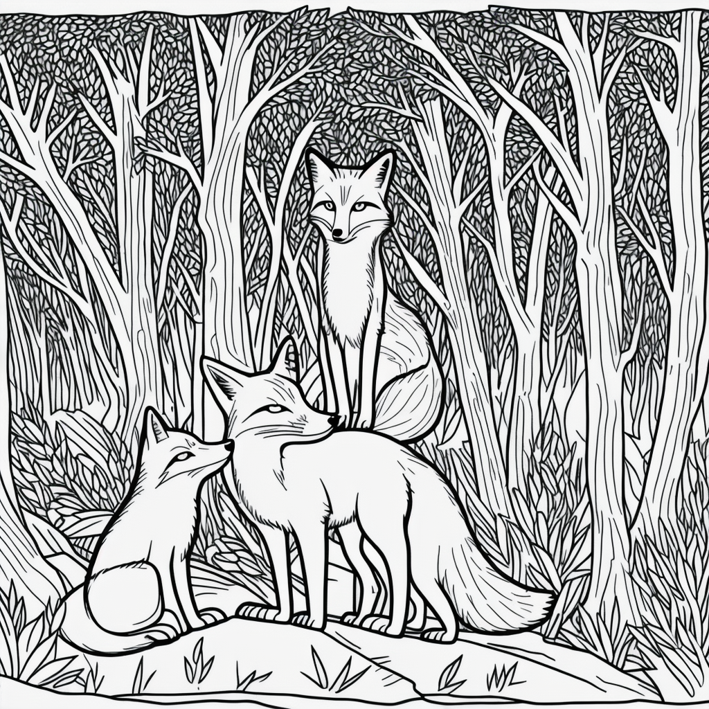 Fox in Forest: Line Art Coloring Book Style