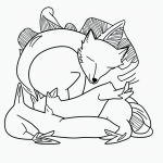 Simple black and white vector line art of a fox curled up sleeping, featuring bold clean outlines on a flat white background, ideal for coloring.