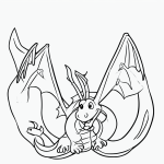 A friendly dragon with open wings in black and white vector line art, perfect for children's printable coloring pages with a flat white background.