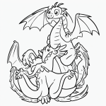 A simple, black and white vector line art of a friendly dragon smiling with open wings, designed as a children's printable coloring page.