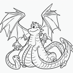 Simple black and white vector line art of a friendly dragon smiling with open wings, designed as a children's printable coloring page.