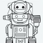 A friendly-faced robot in black and white line art, featuring clean outlines and blank fill areas, perfect for a coloring book style.
