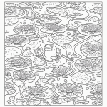 Black and white coloring book illustration of cartoon frogs on lily pads, perfect for creative coloring enthusiasts.