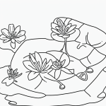 Simple black and white vector line art of a frog sitting on a lily pad, featuring bold clean outlines on a flat white background, perfect for coloring pages.