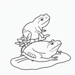 Black and white vector line art of a frog sitting on a lily pad with bold outlines, designed for a children's printable coloring page.
