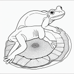 A simple black and white line art of a frog on a lily pad, featuring clean outlines and blank fill areas, suitable for coloring book enthusiasts.