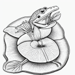 Black and white line art of a frog sitting on a lily pad, perfect for a coloring book with clean outlines and uncolored areas.
