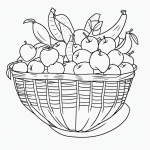 Simple black and white line art of a fruit basket with apples and bananas, bold outlines, perfect for children's printable coloring page.
