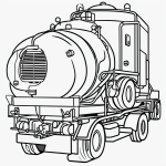 Black and white line art of a fuel tanker truck with clean outlines, perfect for coloring book enthusiasts looking for a simple, uncolored design.