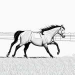 Simple black and white vector line art of a horse galloping through a field with bold outlines, perfect for a children's printable coloring page.