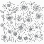 Simple black and white vector line art of a garden with flowers and butterflies, designed for children's coloring activity.