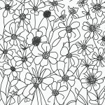 A simple black and white vector line art of a garden with flowers and butterflies, featuring bold clean outlines on a flat white background, ideal for kids' coloring.