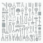 Black and white line art of garden tools with simple outlines, perfect for coloring and creative expression, featuring clean, uncolored designs.