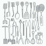 A cartoon line art of garden tools in black and white, featuring simple outlines and blank fill areas, perfect for coloring book enthusiasts.