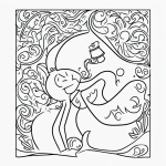 Simple black and white vector line art of a genie emerging from a lamp, designed as a children's printable coloring page with bold, clean outlines on a flat white background.