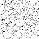 Black and white vector line art of ghosts and bats with bold outlines, perfect for a children's printable coloring page, featuring simple, minimal composition.