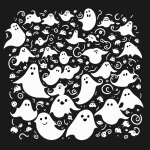 Black and white vector line art of flying ghosts and bats with bold outlines, suitable for children's coloring activities.