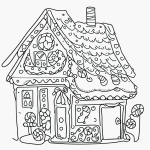 Simple black and white vector line art of a gingerbread house with candy decorations, perfect for children's printable coloring pages.
