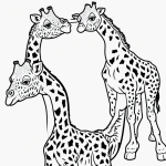 Black and white line art of a giraffe cartoon featuring simple outlines and blank fill areas, ideal for coloring book activities.