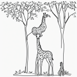 A simple black and white vector line art of a giraffe eating leaves from a tall tree, featuring bold clean outlines on a flat white background for coloring.