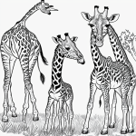 Black and white cartoon illustration of a giraffe and zebra in the savannah, perfect for coloring enthusiasts seeking a creative and relaxing activity.