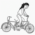 Line art of a girl riding a bicycle, featuring clean outlines, uncolored spaces, and designed for coloring book enthusiasts.