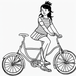 Black and white line art of a girl riding a bicycle, designed for coloring books, featuring clean outlines and uncolored areas for creative coloring.