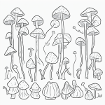 Simple black and white vector line art of a gnome standing by mushrooms, designed as a printable coloring page with bold, clean outlines on a flat white background.