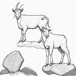 Simple black and white vector line art of a goat standing on a rock, designed as a children's printable coloring page with bold outlines and minimal composition.