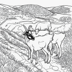 A black and white coloring book illustration of a goat on a mountain path with clean, bold outlines, perfect for coloring enthusiasts.
