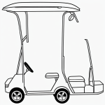 A golf cart in cartoon line art style with simple outlines, perfect for coloring books, featuring clean design and blank fill areas on a white background.