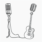 Black and white vector line art of a guitar and microphone with bold outlines on a flat white background, perfect for a children's coloring page.