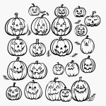 Simple black and white vector line art of Halloween pumpkins with happy faces, featuring bold clean outlines on a flat white background, perfect for kids' coloring.