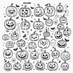 Simple black and white vector line art of Halloween pumpkins with happy faces, bold outlines, designed as children's printable coloring pages.