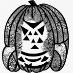 Black and white line art of a Halloween pumpkin with a face, designed for coloring enthusiasts, featuring clean outlines and blank fill areas.