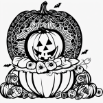 Black and white Halloween pumpkin line art with clean outlines and blank fill areas, ideal for coloring book enthusiasts.